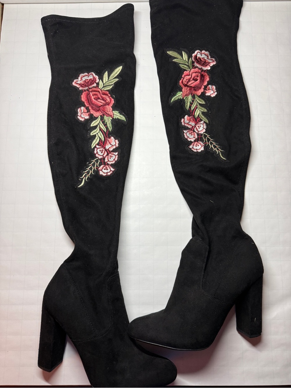 Black Over-the-Knee Boots with Red Rose Embroidery